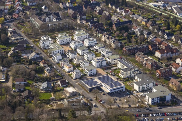Aerial view, new development area multi-generational housing estate Mozartstraße / Sybil-Westendorp-Straße, Unna, Ruhr area, North Rhine-Westphalia, Germany, DE, Europe, property tax, real estate, aerial view, aerial photography, aerial photography, terraced houses, overview, bird's-eye view, housing estate, housing and living, residential buildings, housing quality, residential neighbourhood, housing estate, birds-eyes view, overview