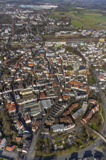 Aerial view, city view, old town, redevelopment evang. town church, church square, Unna, Ruhr area, North Rhine-Westphalia, Germany, City, DE, Europe, property tax, real estate, aerial view, aerial photography, aerial photography, overview, bird's-eye view, residential area, living and working, living and life, residential area, residential buildings, residential quality, residential neighbourhood, housing estate, birds-eyes view, overview