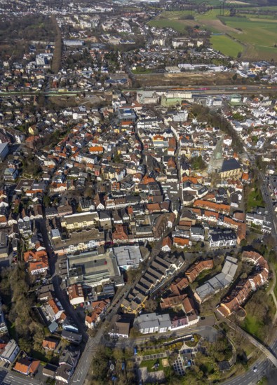 Aerial view, city view, old town, redevelopment evang. town church, church square, Unna, Ruhr area, North Rhine-Westphalia, Germany, City, DE, Europe, property tax, real estate, aerial view, aerial photography, aerial photography, overview, bird's-eye view, residential area, living and working, living and life, residential area, residential buildings, residential quality, residential neighbourhood, housing estate, birds-eyes view, overview