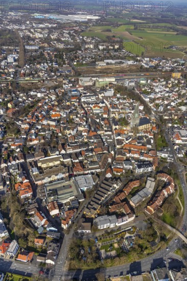 Aerial view, city view, old town, redevelopment evang. town church, church square, Unna, Ruhr area, North Rhine-Westphalia, Germany, City, DE, Europe, property tax, real estate, aerial view, aerial photography, aerial photography, overview, bird's-eye view, residential area, living and working, living and life, residential area, residential buildings, residential quality, residential neighbourhood, housing estate, birds-eyes view, overview