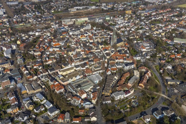 Aerial view, city view, old town, redevelopment evang. town church, church square, Unna, Ruhr area, North Rhine-Westphalia, Germany, City, DE, Europe, property tax, real estate, aerial view, aerial photography, aerial photography, overview, bird's-eye view, residential area, living and working, living and life, residential area, residential buildings, residential quality, residential neighbourhood, housing estate, birds-eyes view, overview