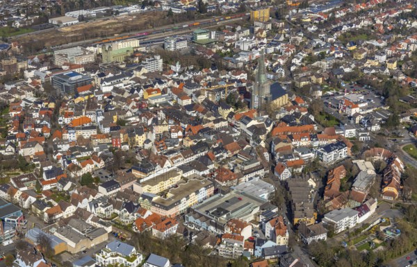 Aerial view, city view, old town, redevelopment evang. town church, church square, Unna, Ruhr area, North Rhine-Westphalia, Germany, City, DE, Europe, property tax, real estate, aerial view, aerial photography, aerial photography, overview, bird's-eye view, residential area, living and working, living and life, residential area, residential buildings, residential quality, residential neighbourhood, housing estate, birds-eyes view, overview