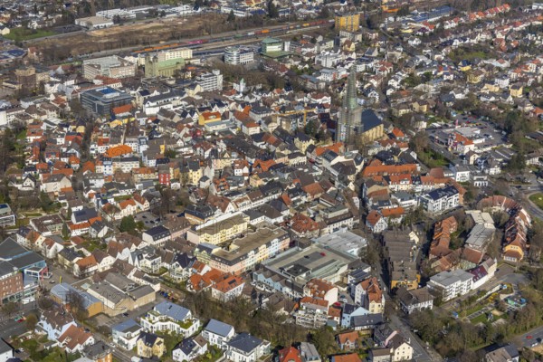 Aerial view, city view, old town, redevelopment evang. town church, church square, Unna, Ruhr area, North Rhine-Westphalia, Germany, City, DE, Europe, property tax, real estate, aerial view, aerial photography, aerial photography, overview, bird's-eye view, residential area, living and working, living and life, residential area, residential buildings, residential quality, residential neighbourhood, housing estate, birds-eyes view, overview