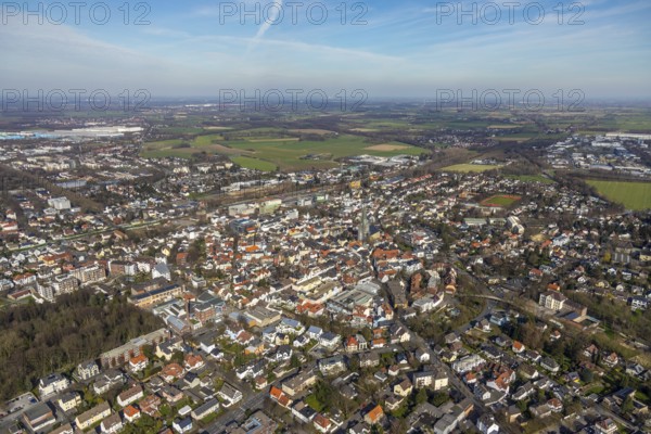 Aerial view, city view, old town, redevelopment evang. town church, church square, Unna, Ruhr area, North Rhine-Westphalia, Germany, City, DE, Europe, distant view, property tax, real estate, aerial view, aerial photography, aerial photography, overview, bird's-eye view, residential area, living and working, living and life, residential area, residential buildings, residential quality, residential neighbourhood, housing estate, birds-eyes view, overview