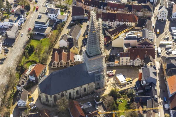 Aerial view, redevelopment protestant town church, church square, Unna, Ruhr area, North Rhine-Westphalia, Germany, old town, place of worship, city, DE, Europe, half-timbered houses, religious community, house of worship, hall church, church, parish, church tower, denomination, aerial view, aerial photography, aerial photography, religion, town church, overview, bird's-eye view, overview