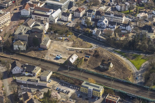Aerial view, Mühle Bremme, construction site shopping centre, Unna, Ruhr area, North Rhine-Westphalia, Germany, demolition, demolition work, railway tracks, construction work, construction area, building site, building plots, construction measure, construction project, construction site, DE, development, Europe, capacity requirement, aerial view, aerial photography, aerial photography, new building, sight, overview, bird's-eye view, overview, dilapidated, destroyed building