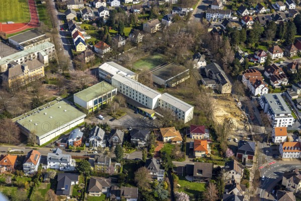 Aerial view, Peter-Weiss-Gesamtschule, old building, Unna, Ruhr area, North Rhine-Westphalia, Germany, education, educational institution, DE, Europe, comprehensive school, educational institute, aerial view, aerial photography, aerial photography, school, overview, bird's eye view, birds-eyes view, overview