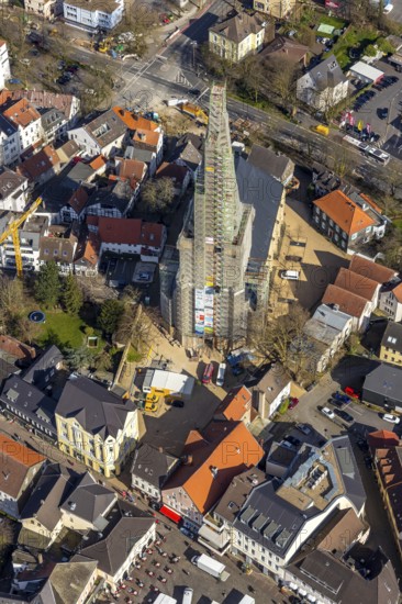 Aerial view, redevelopment protestant town church, church square, Unna, Ruhr area, North Rhine-Westphalia, Germany, old town, place of worship, city, DE, Europe, religious community, house of worship, hall church, church, parish, church tower, denomination, aerial view, aerial photography, aerial photography, religion, town church, overview, bird's-eye view, overview