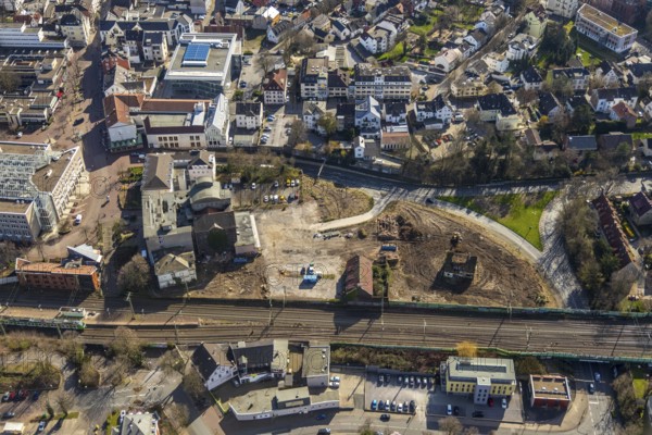 Aerial view, Mühle Bremme, construction site shopping centre, Unna, Ruhr area, North Rhine-Westphalia, Germany, demolition, demolition work, construction work, construction area, building site, building plots, construction measure, construction project, construction site, DE, development, Europe, capacity requirement, aerial view, aerial photography, aerial photography, new building, sight, overview, bird's-eye view, overview, dilapidated, destroyed building