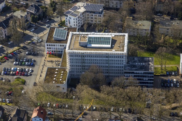 Aerial view, Unna district administration, Unna district economic development agency, Unna, Ruhr area, North Rhine-Westphalia, Germany, authority, DE, Europe, Friedrich-Ebert-Straße, district administration, aerial view, aerial photography, aerial photography, photovoltaics, photovoltaic system, town hall, solar, solar system, solar energy, solar energy, city administration, overview, administrative area, bird's-eye view, bird's-eye view, overview