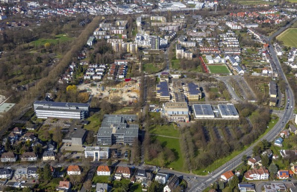 Aerial view, construction area Berliner Allee residential development, school centre north, Hansa Berufskolleg, Werner von Siemens comprehensive school, Geschwister-Scholl-Gymnasium Unna, Erich Göpfert civic hall Unna, Unna, Ruhr area, North Rhine-Westphalia, Germany, construction work, construction area, construction site, building plots, construction project, construction project, construction site, vocational college, education, educational institution, DE, development, Europe, comprehensive school, grammar school, Hellweg sports halls, capacity requirements, teaching institute, aerial view, aerial photography, aerial photography, new building, school, sports hall, overview, bird's eye view, birds-eyes view, overview