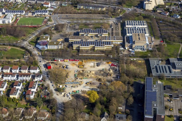 Aerial view, construction area Berliner Allee residential development, school centre north, Hansa Berufskolleg, Werner von Siemens comprehensive school, Geschwister-Scholl-Gymnasium Unna, Erich Göpfert civic hall Unna, Unna, Ruhr area, North Rhine-Westphalia, Germany, construction work, construction area, construction site, building plots, construction project, construction project, construction site, vocational college, education, educational institution, DE, development, Europe, comprehensive school, grammar school, Hellweg sports halls, capacity requirements, teaching institute, aerial view, aerial photography, aerial photography, new building, school, sports hall, overview, bird's eye view, birds-eyes view, overview