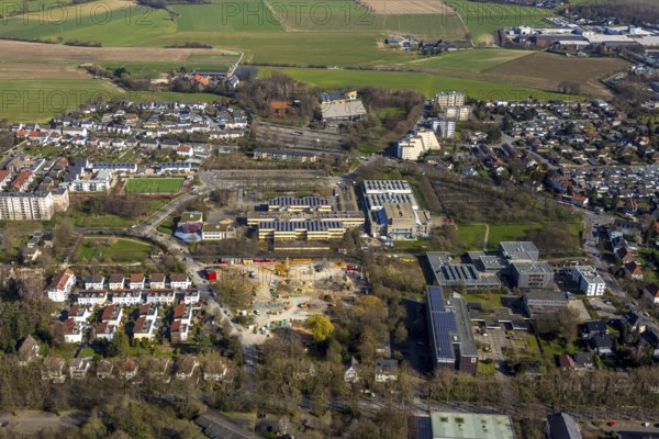Aerial view, construction area Berliner Allee residential development, school centre north, Hansa Berufskolleg, Werner von Siemens comprehensive school, Geschwister-Scholl-Gymnasium Unna, Erich Göpfert civic hall Unna, Unna, Ruhr area, North Rhine-Westphalia, Germany, construction work, construction area, construction site, building plots, construction project, construction project, construction site, vocational college, education, educational institution, DE, development, Europe, comprehensive school, grammar school, Hellweg sports halls, capacity requirements, teaching institute, aerial view, aerial photography, aerial photography, new building, school, sports hall, overview, bird's eye view, birds-eyes view, overview
