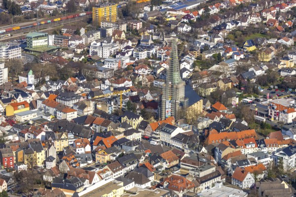 Aerial view, city view, old town, redevelopment evang. town church, church square, Unna, Ruhr area, North Rhine-Westphalia, Germany, City, DE, Europe, property tax, real estate, aerial view, aerial photography, aerial photography, overview, bird's-eye view, residential area, living and working, living and life, residential area, residential buildings, residential quality, residential neighbourhood, housing estate, birds-eyes view, overview
