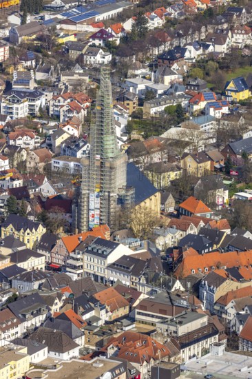 Aerial view, city view, old town, redevelopment evang. town church, church square, Unna, Ruhr area, North Rhine-Westphalia, Germany, City, DE, Europe, property tax, real estate, aerial view, aerial photography, aerial photography, overview, bird's-eye view, residential area, living and working, living and life, residential area, residential buildings, residential quality, residential neighbourhood, housing estate, birds-eyes view, overview