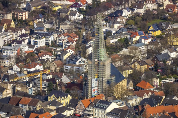 Aerial view, city view, old town, redevelopment evang. town church, church square, Unna, Ruhr area, North Rhine-Westphalia, Germany, City, DE, Europe, property tax, real estate, aerial view, aerial photography, aerial photography, overview, bird's-eye view, residential area, living and working, living and life, residential area, residential buildings, residential quality, residential neighbourhood, housing estate, birds-eyes view, overview
