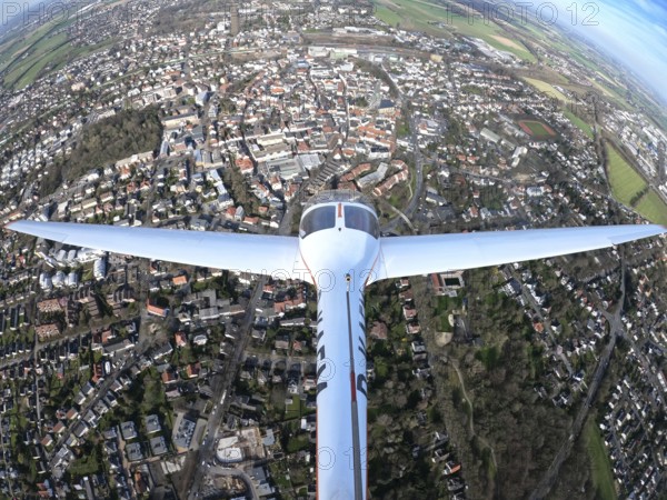 Aerial view, flight over Unna with a motor glider, city centre Unna, touring motor glider Hoffmann Dimona H36, Unna, Ruhr area, North Rhine-Westphalia, Germany, D-KAFM, DE, Europe, aerial view, aerial photography, aerial photography, motor glider, overview, bird's-eye view, overview