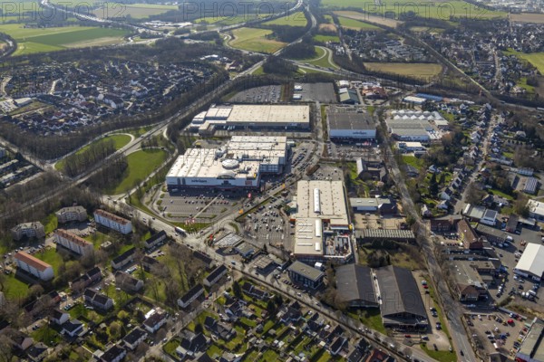 Aerial view, furniture centre with empty parking spaces, Zurbrüggen Wohn-Zentrum Unna, Unna, Ruhr area, North Rhine-Westphalia, Germany, DE, shopping markets, shopping place, shopping centre, Europe, commercial enterprises, commercial area, commercial park, commercial location, commercial use, aerial photograph, aerial photography, aerial photography, furniture store, overview, bird's eye view, birds-eyes view, overview