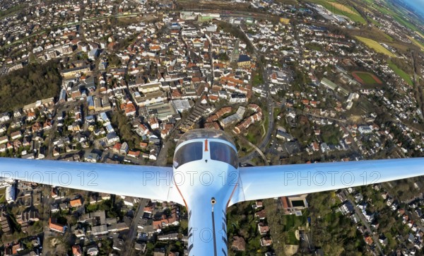 Aerial view, flight over Unna by motor glider, city centre Unna, touring motor glider Hoffmann Dimona H36, Unna, Ruhr area, North Rhine-Westphalia, Germany