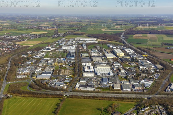 Aerial view, industrial park Unna, wind turbines, Unna, Ruhr area, North Rhine-Westphalia, Germany, motorway A44, DE, Europe, distant view, commercial enterprises, commercial area, commercial park, commercial location, commercial use, industrial plants, industrial area, industrial location, aerial photograph, aerial photography, aerial photography, overview, bird's-eye view, meadows and fields, wind power, wind turbine, bird's-eye view, overview