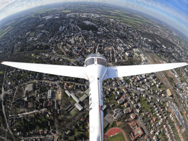 Aerial view, flight over Unna with a motor glider, city centre Unna, touring motor glider Hoffmann Dimona H36, Unna, Ruhr area, North Rhine-Westphalia, Germany, D-KAFM, DE, Europe, aerial view, aerial photography, aerial photography, motor glider, overview, bird's-eye view, overview