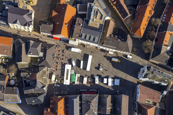 Aerial view, church square, market square market stalls, Unna, Ruhr area, North Rhine-Westphalia, Germany, DE, shopping markets, shopping square, shopping street, shopping centre, Europe, aerial view, aerial photography, aerial photography, market square, market stalls, overview, bird's eye view, birds-eyes view, overview