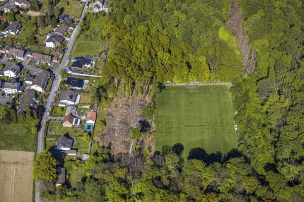 Aerial view, sports field SV Blau-Rot Billmerich e.V., forest deforestation, Unna, Ruhr area, North Rhine-Westphalia, Germany, DE, Europe, football field, football club, aerial view, aerial photography, aerial photography, sports facilities, sports field, sports facility, overview, bird's eye view, forest area, birds-eyes view, overview