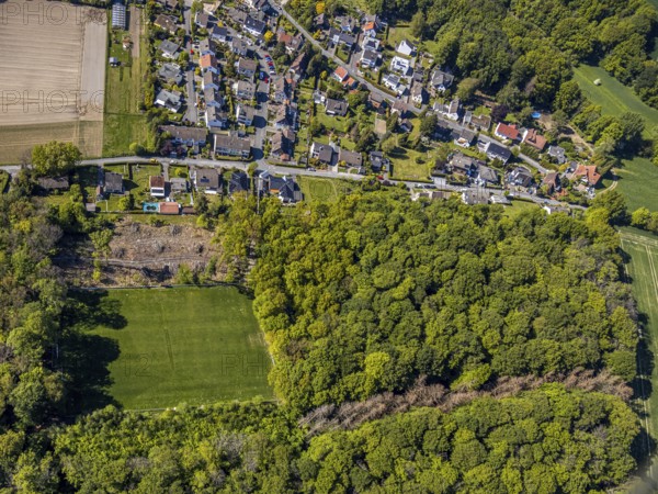 Aerial view, sports field SV Blau-Rot Billmerich e.V., forest deforestation, Unna, Ruhr area, North Rhine-Westphalia, Germany, DE, Europe, football field, football club, aerial view, aerial photography, aerial photography, sports facilities, sports field, sports facility, overview, bird's eye view, forest area, birds-eyes view, overview