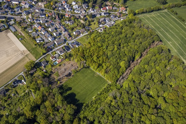 Aerial view, sports field SV Blau-Rot Billmerich e.V., forest deforestation, Unna, Ruhr area, North Rhine-Westphalia, Germany, DE, Europe, football field, football club, aerial view, aerial photography, aerial photography, sports facilities, sports field, sports facility, overview, bird's eye view, forest area, birds-eyes view, overview