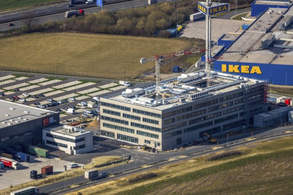 Aerial view, new Woolworth headquarters and logistics centre, Unna Kamen industrial estate, Unna, Ruhr area, North Rhine-Westphalia, Germany, A1 motorway, DE, Europe, commercial enterprises, commercial area, industrial estate, business park, commercial location, commercial use, freight traffic, industrial area, industrial location, logistics, logistics centre, aerial view, aerial photography, aerial photography, overview, bird's-eye view, overview