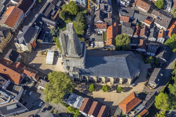Aerial view, townscape, old town, renovation protestant town church, Unna, Ruhr area, North Rhine-Westphalia, Germany, place of worship, building project, city, DE, Europe, religious community, place of worship, city centre, church, parish, church square, church tower, denomination, aerial view, aerial photography, aerial photography, site view, religion, renovation, redevelopment, urban area, city centre, overview, bird's-eye view, living and life, birds-eyes view, overview