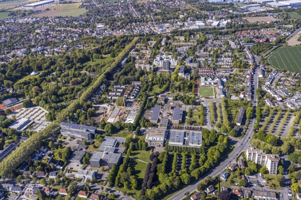 Aerial view, construction area Berliner Allee residential development, school centre north, Unna, Ruhr area, North Rhine-Westphalia, Germany, construction work, construction area, construction site, building plots, construction measure, construction project, construction site, vocational college, education, educational institution, DE, development, Europe, comprehensive school, grammar school, capacity requirement, teaching institute, aerial view, aerial photography, aerial photography, new building, school, sports hall, overview, bird's eye view, bird's eye view, overview