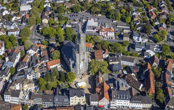 Aerial view, townscape, old town, renovation protestant town church, Unna, Ruhr area, North Rhine-Westphalia, Germany, place of worship, building project, city, DE, Europe, religious community, place of worship, city centre, church, parish, church square, church tower, denomination, aerial view, aerial photography, aerial photography, site view, religion, renovation, redevelopment, urban area, city centre, overview, bird's-eye view, living and life, birds-eyes view, overview