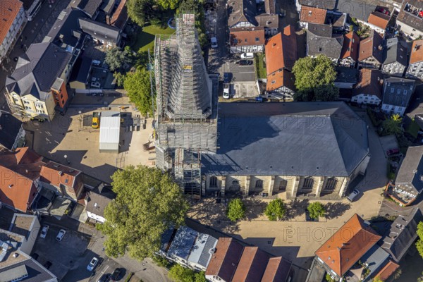 Aerial view, townscape, old town, renovation protestant town church, Unna, Ruhr area, North Rhine-Westphalia, Germany, place of worship, building project, city, DE, Europe, religious community, place of worship, city centre, church, parish, church square, church tower, denomination, aerial view, aerial photography, aerial photography, site view, religion, renovation, redevelopment, urban area, city centre, overview, bird's-eye view, living and life, birds-eyes view, overview