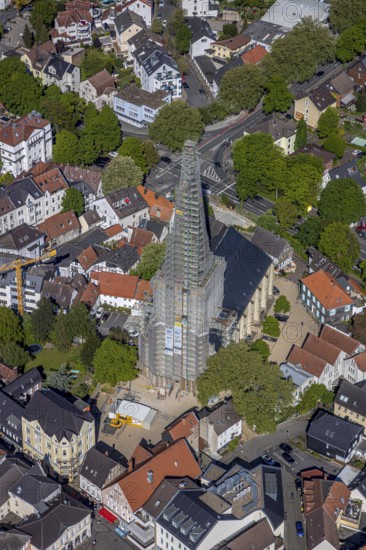 Aerial view, townscape, old town, renovation protestant town church, Unna, Ruhr area, North Rhine-Westphalia, Germany, place of worship, building project, city, DE, Europe, religious community, place of worship, city centre, church, parish, church square, church tower, denomination, aerial view, aerial photography, aerial photography, site view, religion, renovation, redevelopment, urban area, city centre, overview, bird's-eye view, living and life, birds-eyes view, overview