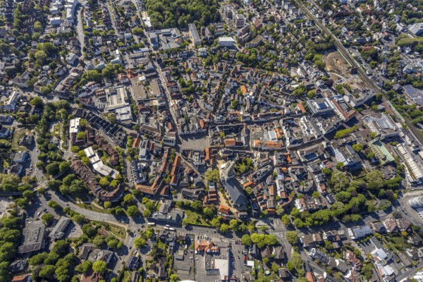 Aerial view, townscape, market place, old town, protestant town church, Unna, Ruhr area, North Rhine-Westphalia, Germany, place of worship, city, DE, Europe, religious community, place of worship, city centre, church, church community, denomination, aerial view, aerial photography, aerial photography, location view, religion, urban area, city centre, overview, bird's eye view, living and life, birds-eyes view, overview