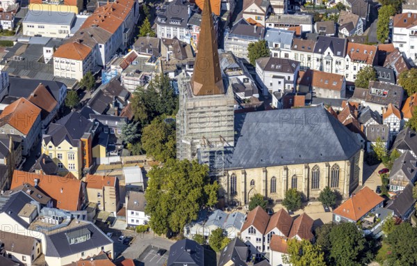 Aerial view, renovation construction site protestant town church, old town, Unna, Ruhr area, North Rhine-Westphalia, Germany, place of worship, construction work, construction area, construction site, construction project, construction site, DE, Europe, religious community, place of worship, church, parish, church square, denomination, aerial view, aerial photography, aerial photography, religion, renovation, refurbishment, overview, bird's-eye view, overview