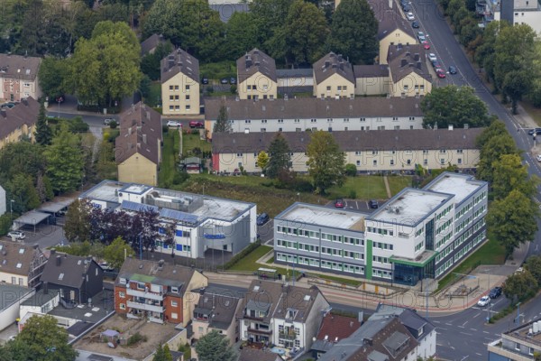 Aerial view, police station Velbert, jobcenter ME-aktiv, Velbert, Ruhr area, North Rhine-Westphalia, Germany, eye of the law, authority, DE, Europe, Heiligenhauser Straße, aerial view, aerial photography, aerial photography, new building, law enforcement officer, police, police station, state authority, state power, overview, bird's-eye view, birds-eyes view, onlyVelbert, overview, Velbert-Mitte