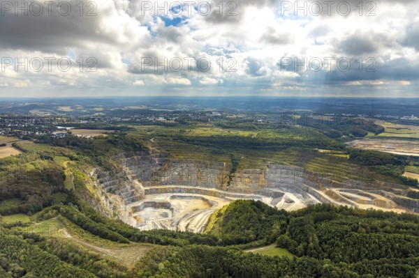 Aerial view, quarry Rützkausen, city border Velbert Wülfrath, limestone quarry, Wülfrath, Ruhr area, North Rhine-Westphalia, Germany, DE, Europe, aerial view, aerial photography, aerial photography, quarry, overview, Velbert, bird's-eye view, forest area, meadows and fields, cloud formation, birds-eyes view, overview, Velbert-Mitte