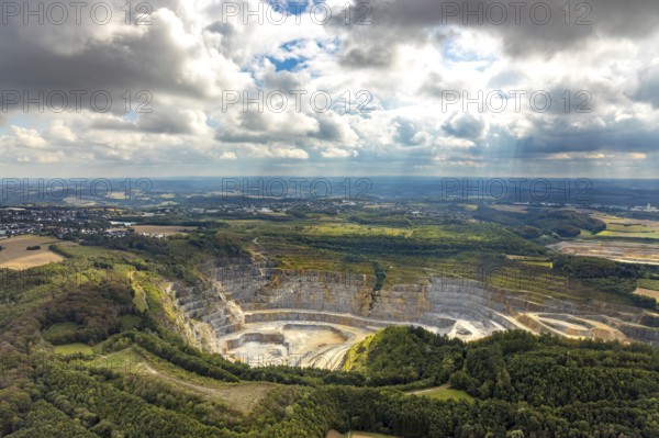 Aerial view, quarry Rützkausen, city border Velbert Wülfrath, limestone quarry, Wülfrath, Ruhr area, North Rhine-Westphalia, Germany, DE, Europe, aerial view, aerial photography, aerial photography, quarry, overview, Velbert, bird's-eye view, forest area, meadows and fields, cloud formation, birds-eyes view, overview, Velbert-Mitte