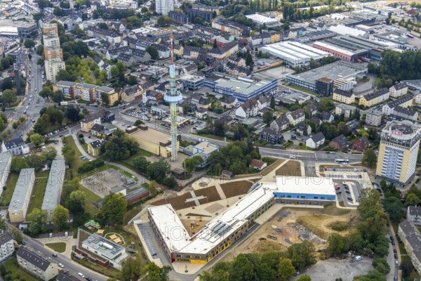 Aerial photo, construction site, Kastanienallee development area, Kastanienallee primary school, Kastanienallee day care centre, Velbert telecommunications tower, BKS high-rise, Velbert, Ruhr area, North Rhine-Westphalia, Germany, construction work, building, construction area, building site, building plots, construction measure, construction project, construction site, education, educational institution, DE, Europe, television station, television tower, primary school, kindergarten, day nursery, day care centre, day nursery school, educational institute, aerial view, aerial photography, aerial photography, new building, school, tower, overview, bird's-eye view, water tower, birds-eyes view, onlyVelbert, overview, Velbert-Mitte
