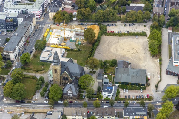 Aerial view, at the evang. Christuskirche, new parish hall, construction site for new hospice Oststraße corner Kurze Straße, Velbert, Ruhr area, North Rhine-Westphalia, Germany, place of worship, construction work, building, construction area, building site, building plots, construction project, construction site, DE, Europe, religious community, house of worship, Grünstraße, church, church community, denomination, aerial view, aerial photography, aerial photography, new building, religion, overview, bird's-eye view, birds-eyes view, onlyVelbert, overview, Velbert-Mitte