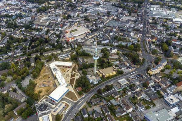 Aerial photo, construction site, Kastanienallee development area, Kastanienallee primary school, Velbert telecommunications tower, BKS tower block, Velbert, Ruhr area, North Rhine-Westphalia, Germany, construction work, building, construction area, building site, building plots, construction project, construction site, education, educational institution, DE, Europe, television station, television tower, primary school, educational institute, aerial view, aerial photography, aerial photography, new building, school, tower, overview, bird's-eye view, water tower, birds-eyes view, onlyVelbert, overview, Velbert-Mitte