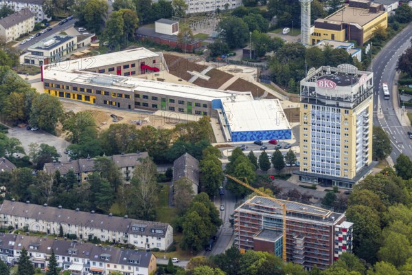 Aerial view, construction site, Kastanienallee development area, Kastanienallee primary school, BKS high-rise, Velbert, Ruhr area, North Rhine-Westphalia, Germany, construction work, building, construction area, building site, building plots, construction project, construction site, education, educational institution, DE, Europe, primary school, teaching institute, aerial view, aerial photography, aerial photography, new building, school, overview, bird's-eye view, water tower, birds-eyes view, onlyVelbert, overview, Velbert-Mitte