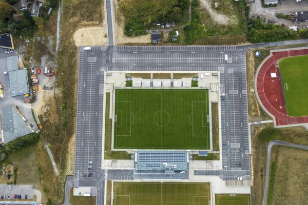 Aerial view, new Oberliga stadium, EMKA Sportzentrum Velbert, Röttgen, Velbert, Ruhr area, North Rhine-Westphalia, Germany, Am Sportzentrum, DE, Europe, football pitch, football stadium, football club, aerial view, aerial photography, aerial photography, Oberliga stadium, Planungsbüro Geo3, SSVg Velbert, sports, sports facilities, sports field, sports facility, stadium, overview, bird's eye view, birds-eyes view, onlyVelbert, overview, Velbert-Mitte