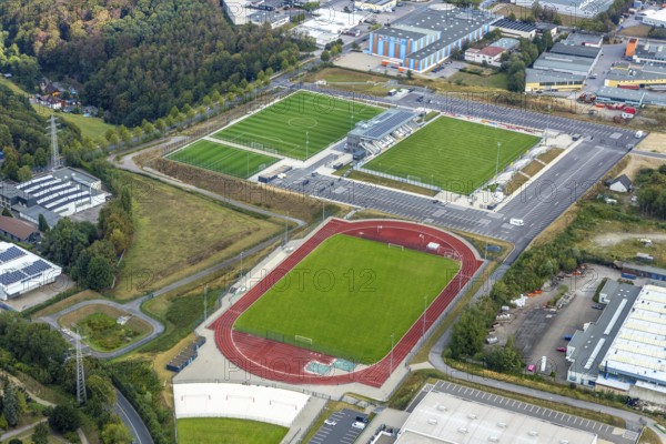 Aerial view, new Oberliga stadium, EMKA Sportzentrum Velbert, Röttgen, Velbert, Ruhr area, North Rhine-Westphalia, Germany, Am Sportzentrum, DE, Europe, football pitch, football stadium, football club, aerial view, aerial photography, aerial photography, Oberliga stadium, Planungsbüro Geo3, SSVg Velbert, sports, sports facilities, sports field, sports facility, stadium, overview, bird's eye view, birds-eyes view, onlyVelbert, overview, Velbert-Mitte