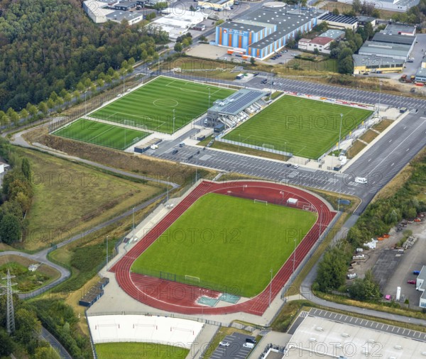 Aerial view, new Oberliga stadium, EMKA Sportzentrum Velbert, Röttgen, Velbert, Ruhr area, North Rhine-Westphalia, Germany, Am Sportzentrum, DE, Europe, football pitch, football stadium, football club, aerial view, aerial photography, aerial photography, Oberliga stadium, Planungsbüro Geo3, SSVg Velbert, sports, sports facilities, sports field, sports facility, stadium, overview, bird's eye view, birds-eyes view, onlyVelbert, overview, Velbert-Mitte