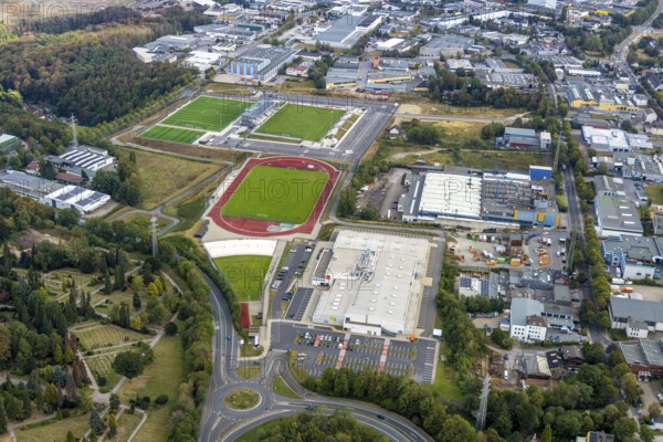 Aerial view, new Oberliga stadium, EMKA Sportzentrum Velbert, Röttgen, Velbert, Ruhr area, North Rhine-Westphalia, Germany, Am Sportzentrum, DE, Europe, football pitch, football stadium, football club, aerial view, aerial photography, aerial photography, Oberliga stadium, Planungsbüro Geo3, SSVg Velbert, sports, sports facilities, sports field, sports facility, stadium, overview, bird's eye view, birds-eyes view, onlyVelbert, overview, Velbert-Mitte