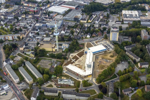 Aerial photo, construction site, Kastanienallee development area, Kastanienallee primary school, Kastanienallee day care centre, Velbert telecommunications tower, BKS high-rise, Velbert, Ruhr area, North Rhine-Westphalia, Germany, construction work, building, construction area, building site, building plots, construction measure, construction project, construction site, education, educational institution, DE, Europe, television station, television tower, primary school, kindergarten, day nursery, day care centre, day nursery school, educational institute, aerial view, aerial photography, aerial photography, new building, school, tower, overview, bird's-eye view, water tower, birds-eyes view, onlyVelbert, overview, Velbert-Mitte