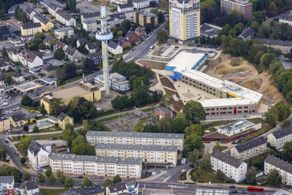 Aerial photo, construction site, Kastanienallee development area, Kastanienallee primary school, Kastanienallee day care centre, Velbert telecommunications tower, BKS high-rise, Velbert, Ruhr area, North Rhine-Westphalia, Germany, construction work, building, construction area, building site, building plots, construction measure, construction project, construction site, education, educational institution, DE, Europe, television station, television tower, primary school, kindergarten, day nursery, day care centre, day nursery school, educational institute, aerial view, aerial photography, aerial photography, new building, school, tower, overview, bird's-eye view, water tower, birds-eyes view, onlyVelbert, overview, Velbert-Mitte